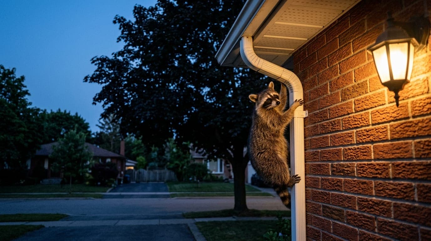 Raccoon climbing a downspout toward a bent gutter lip on a brick bungalow at dusk