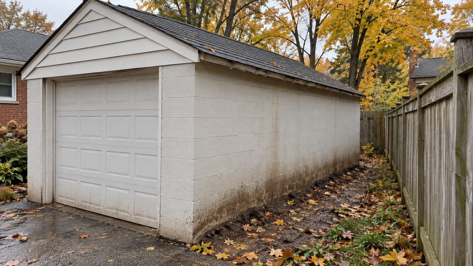 Detached garage without an eavestrough, with a muddy drip line along its base beside a wooden fence