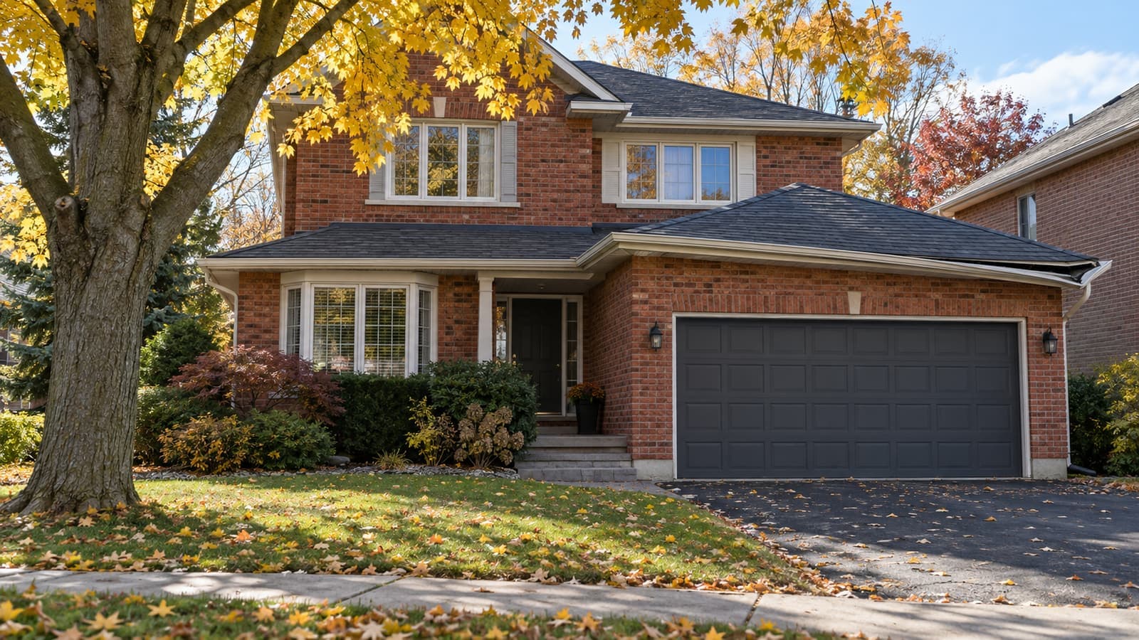 Two-storey brick home with a white eavestrough pulled loose at one corner under a yellowing maple