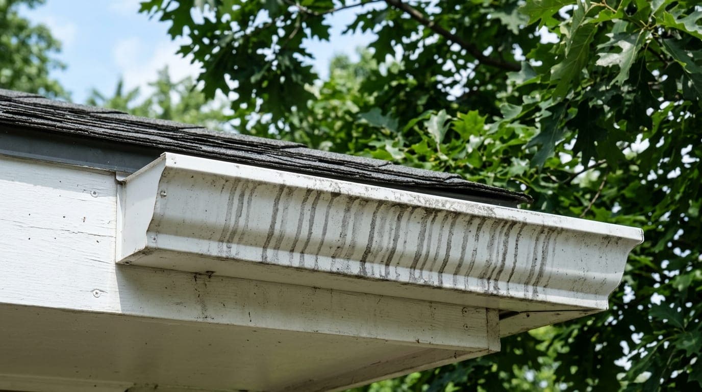 Dark vertical tiger stripes streaking down the face of a white eavestrough