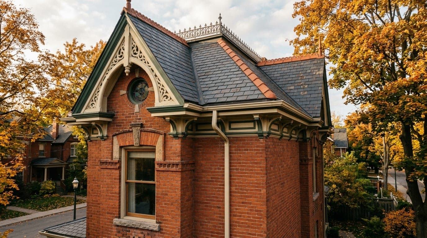 Victorian brick house in Toronto with a deep wooden cornice hiding a built-in box gutter
