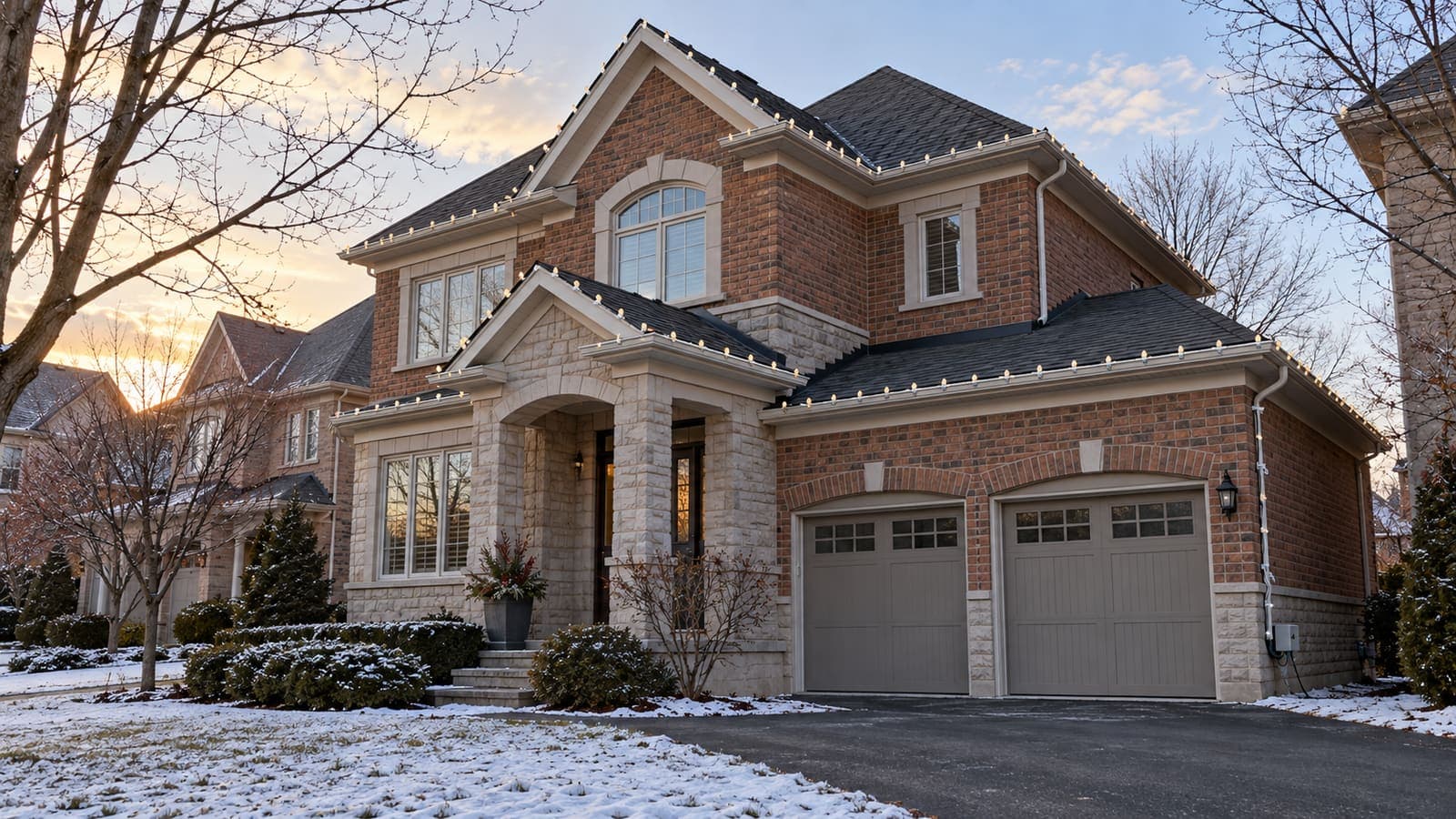 Warm-white holiday bulbs clipped evenly along a clean white eavestrough on a brick and stone home