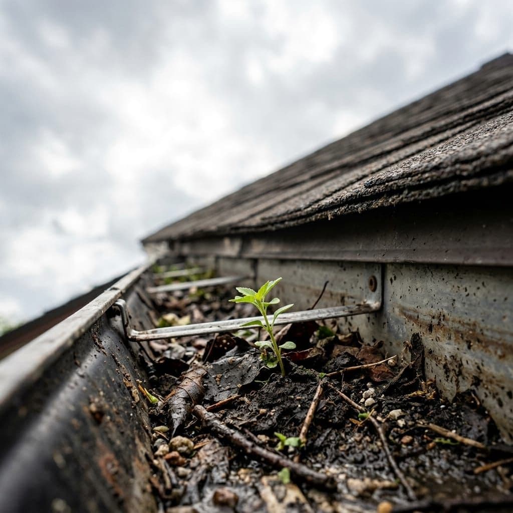 A small green seedling sprouting out of a leaf-filled eavestrough against a cloudy sky