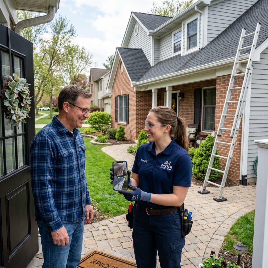 Crew member showing a homeowner before/after photos on a phone