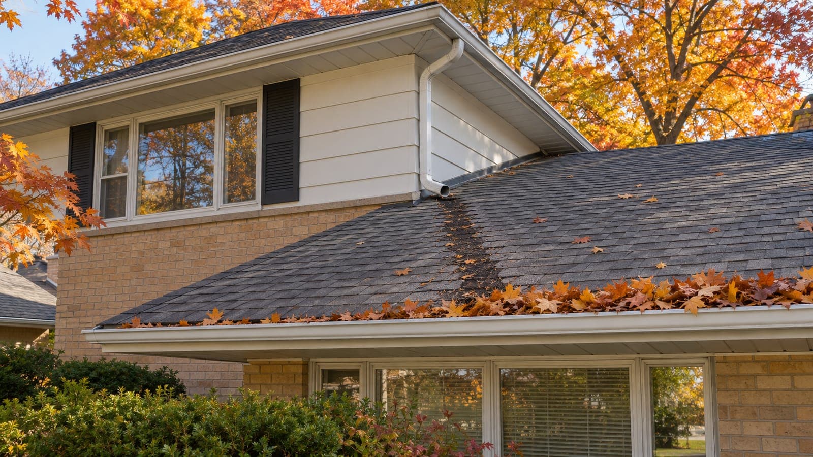 Upper-roof downspout ending on the shingles of a lower roof, with a worn channel running down to a leaf-filled eavestrough