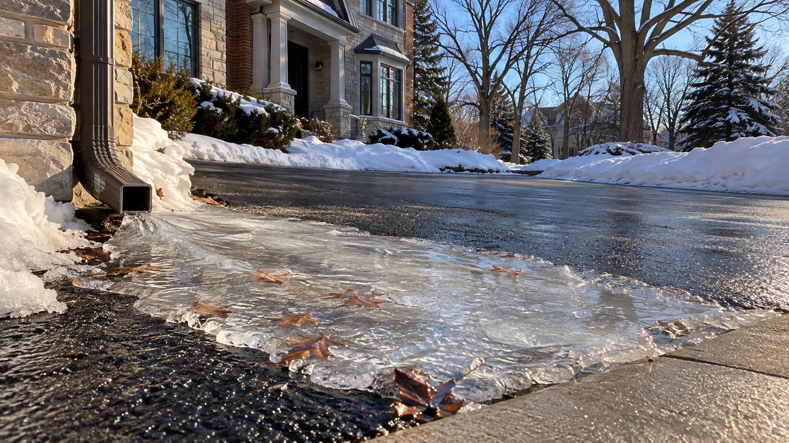 Sheet of ice spreading from a downspout outlet across a paved driveway on a winter morning