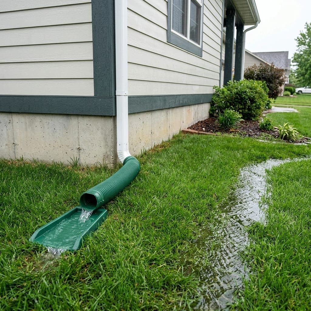Downspout extension discharging rainwater onto a splash pad away from the house foundation