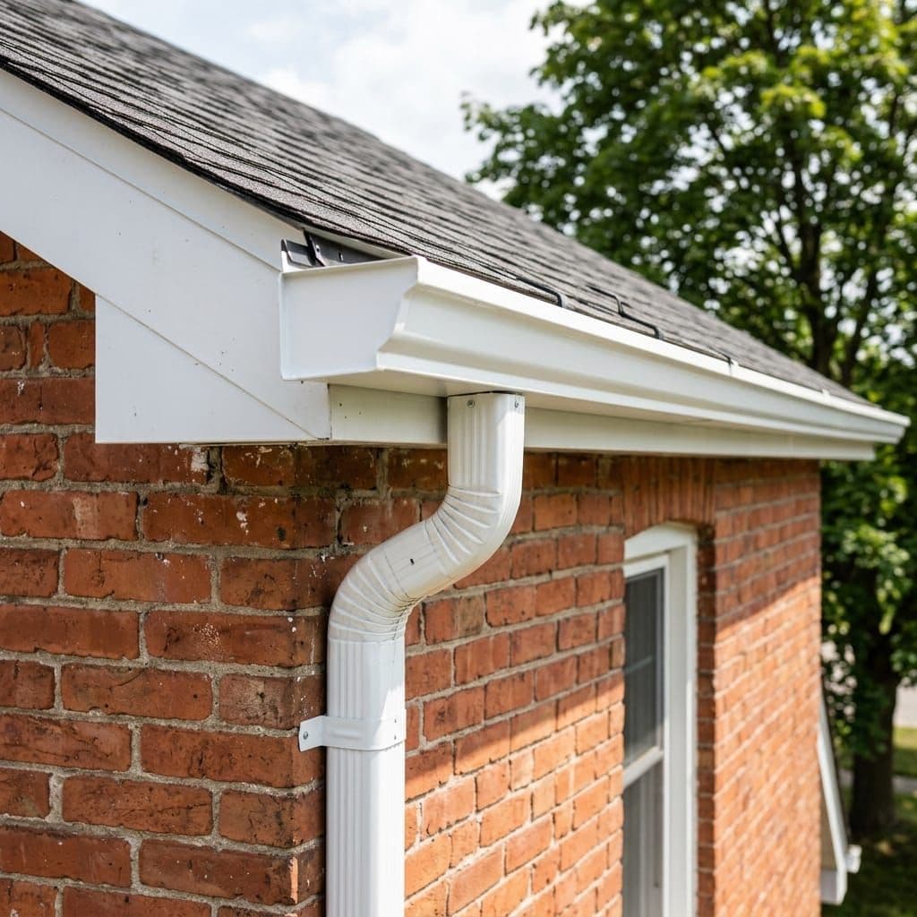 Close-up of a K-style aluminum eavestrough and downspout on a brick home