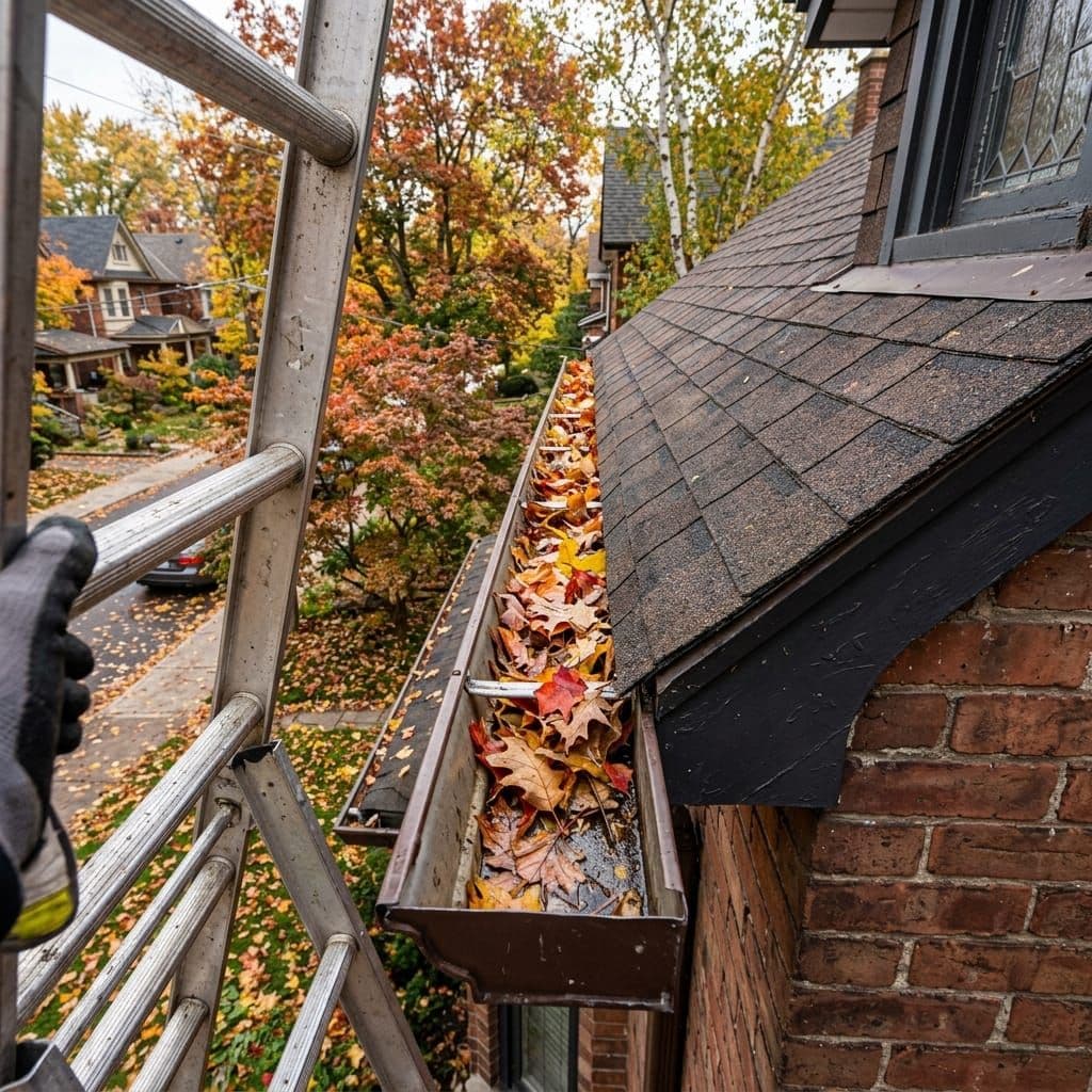 Eavestrough half-full of colourful fall leaves on a Toronto brick two-storey