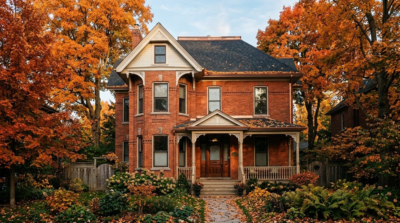 Heritage home under blazing fall maples with leaves collecting in the eavestroughs