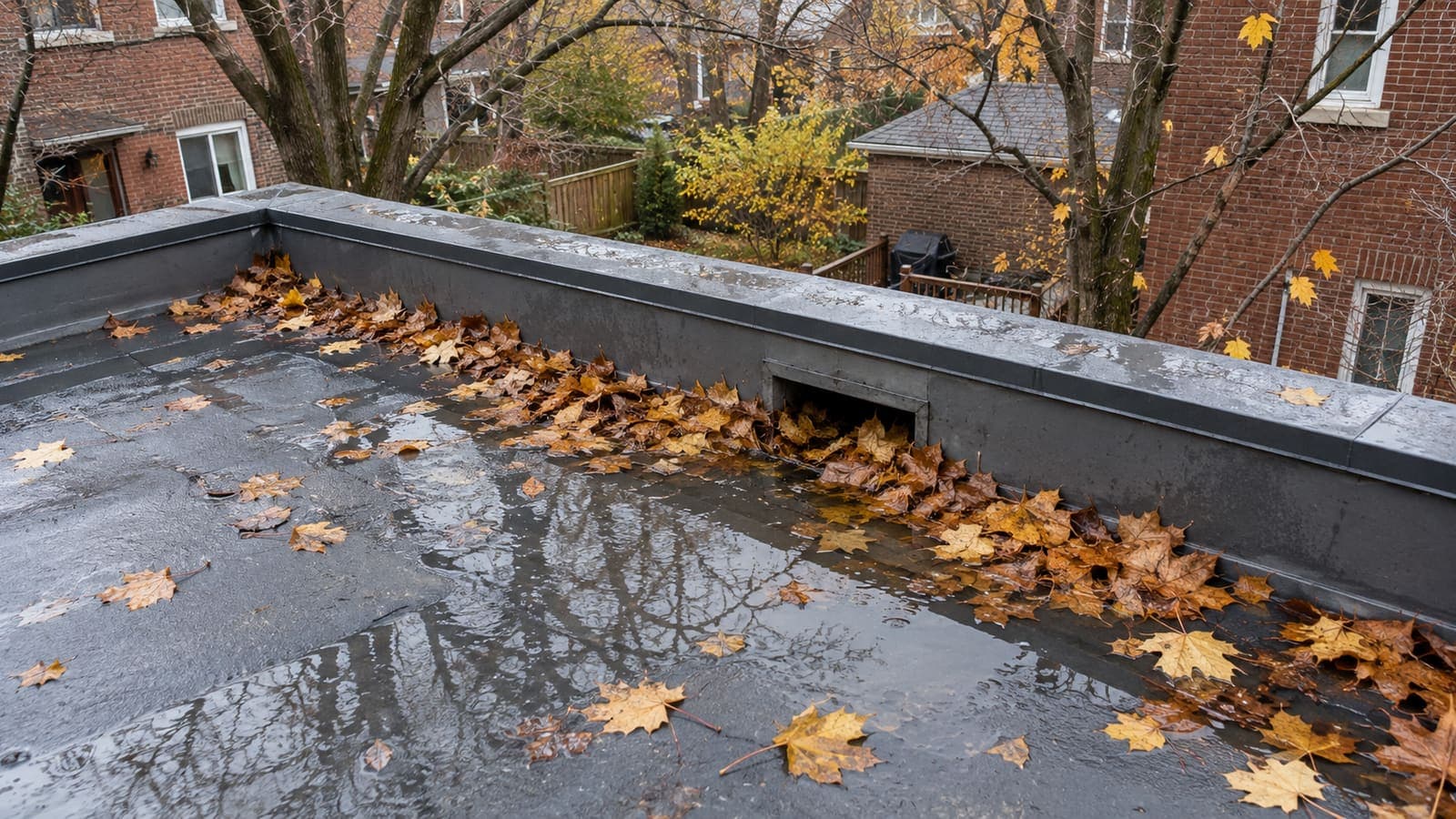 Wet maple leaves drifted against a parapet and blocking the scupper of a flat roof addition