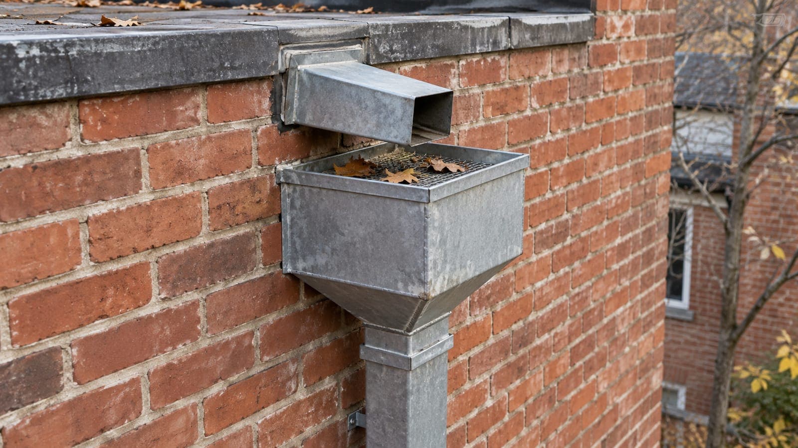 Metal scupper through a brick parapet emptying into a conductor head and downspout
