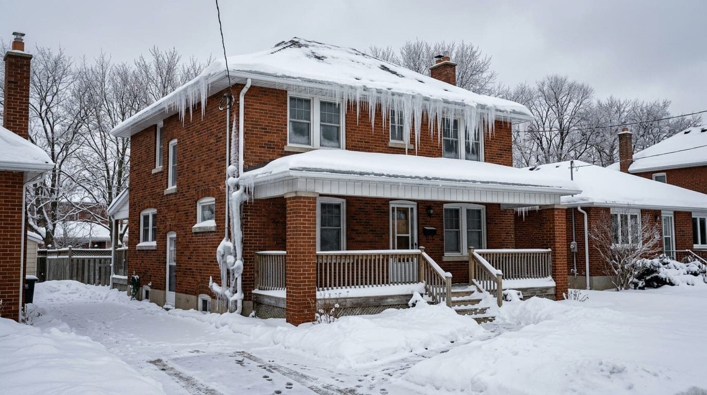 Ice-packed eavestrough with long icicles and a frozen downspout on a snowy house