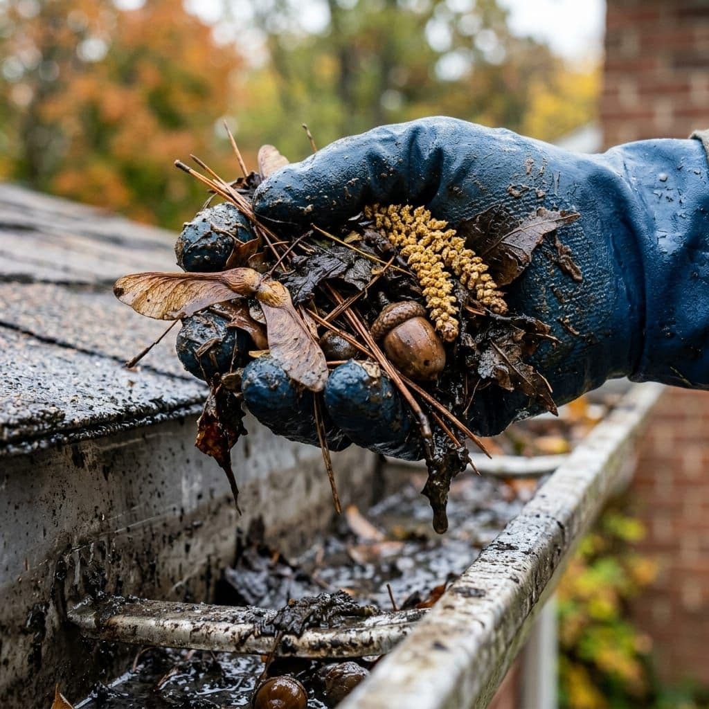 Gloved hand holding a scoop of mixed gutter debris including maple keys, oak acorns, and pine needles