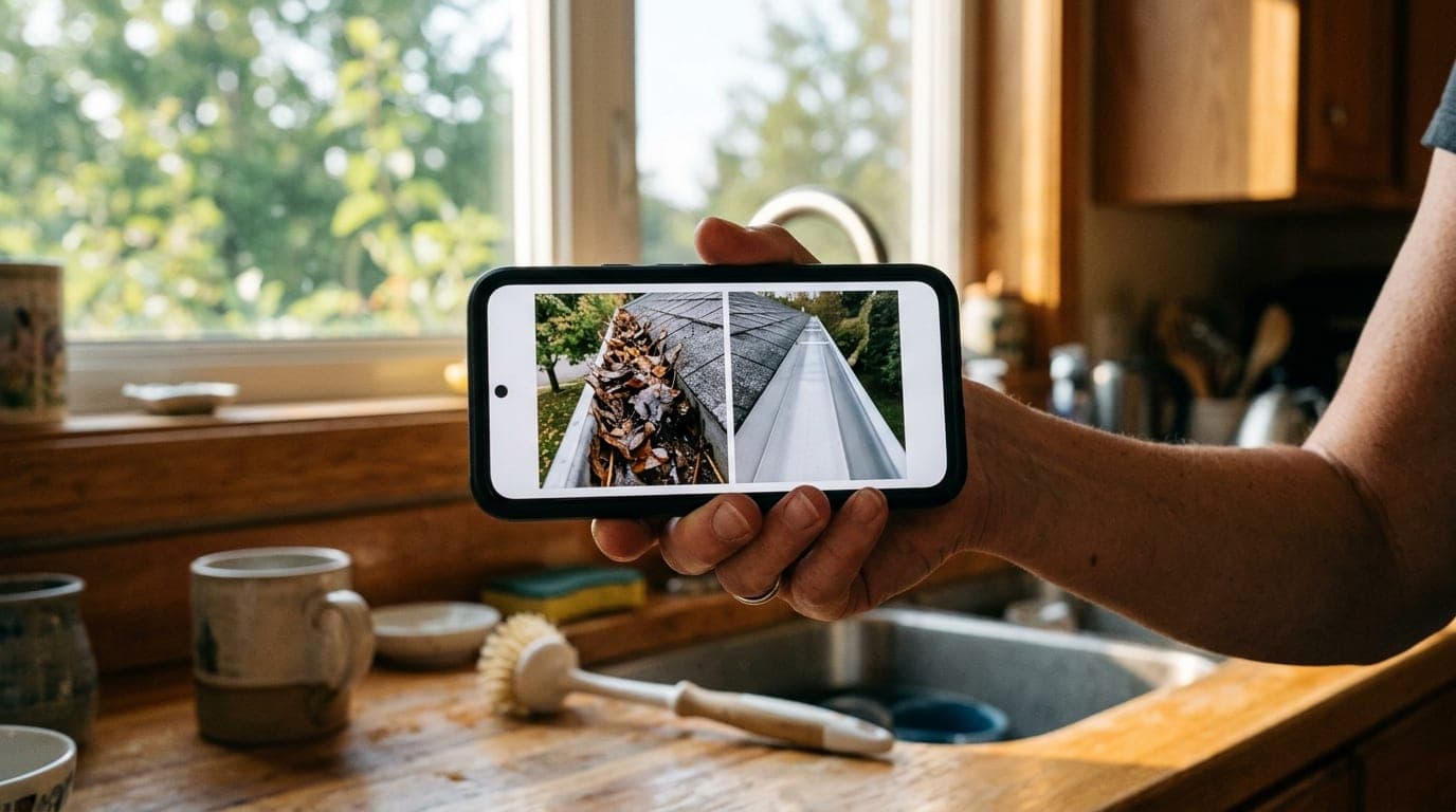Phone showing a before-and-after pair of photos of a clogged and a cleaned eavestrough