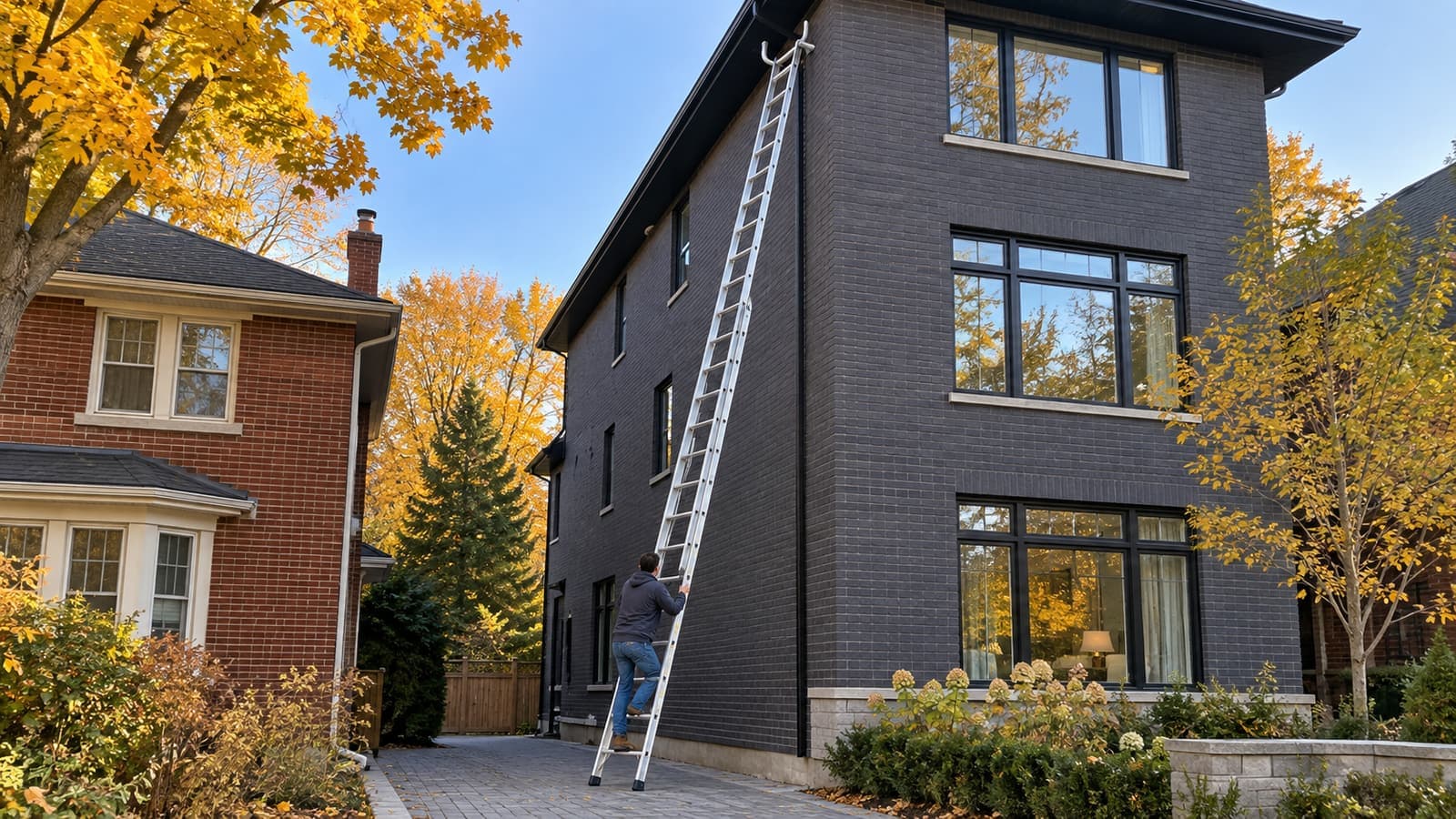 Person climbing an extension ladder set at a safe angle against a three-storey brick home on a narrow lot