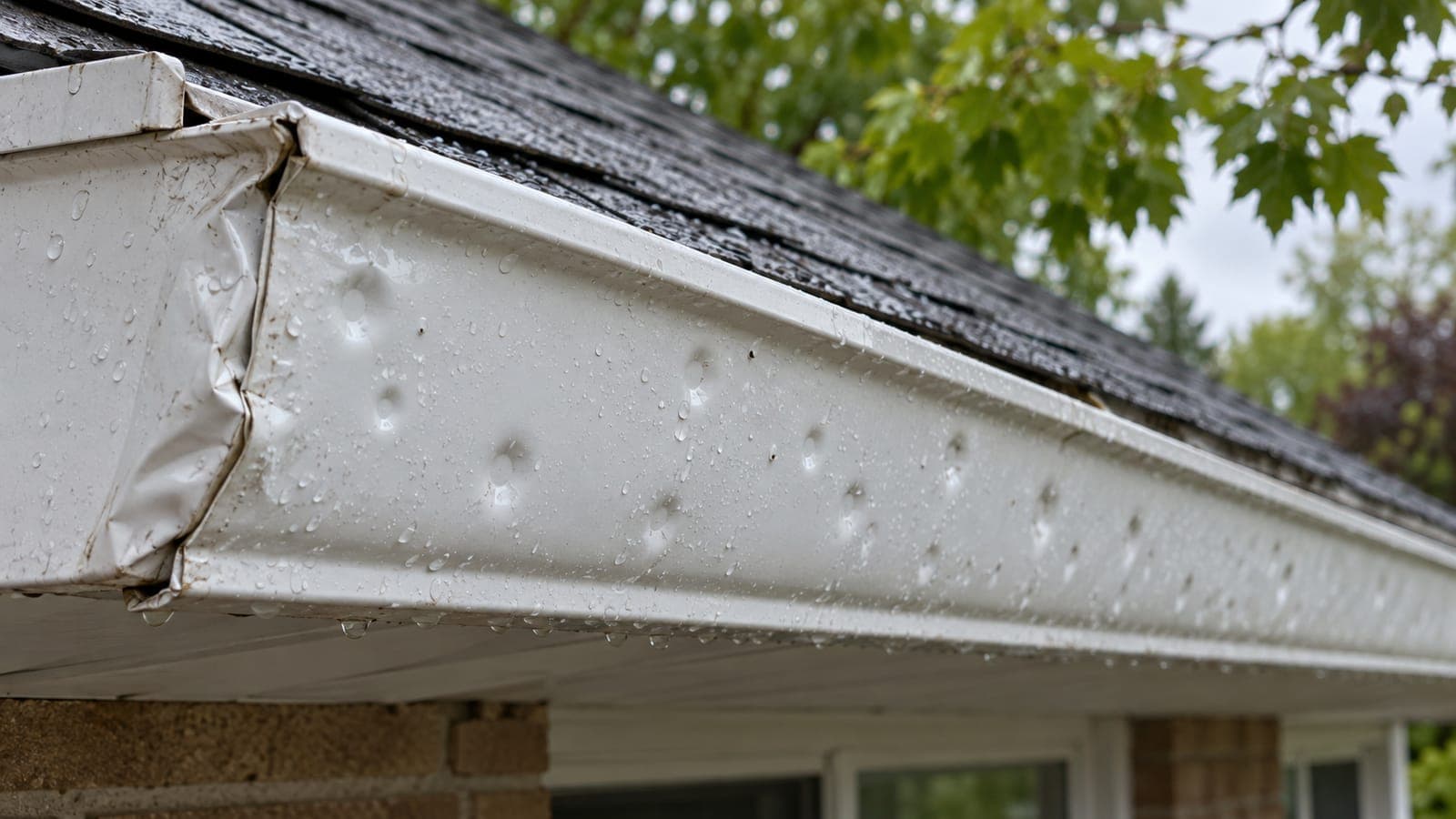 Face of a white aluminum eavestrough peppered with small hail dents and one crimped corner