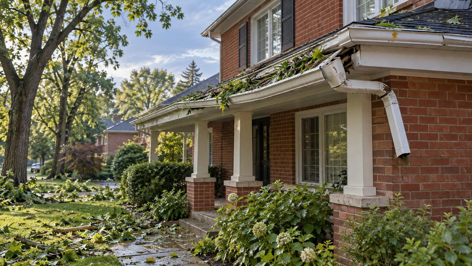 Storm-damaged eavestrough sagging off the fascia of a brick home, torn green leaves on the wet lawn