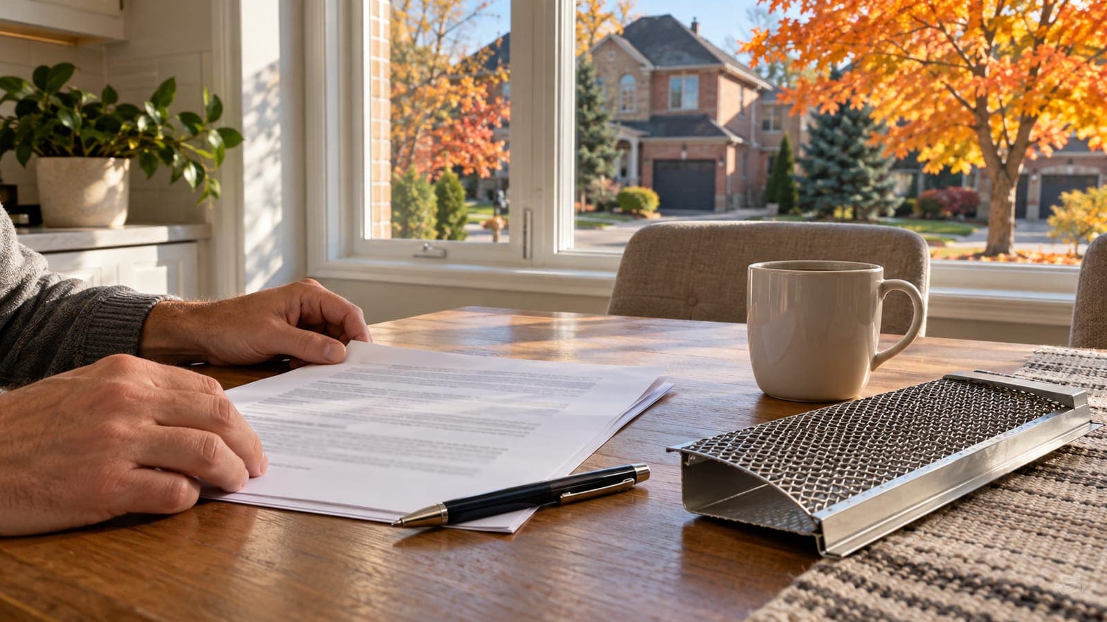 Contract, pen and a micro-mesh gutter guard sample on a kitchen table, with fall maples outside the window