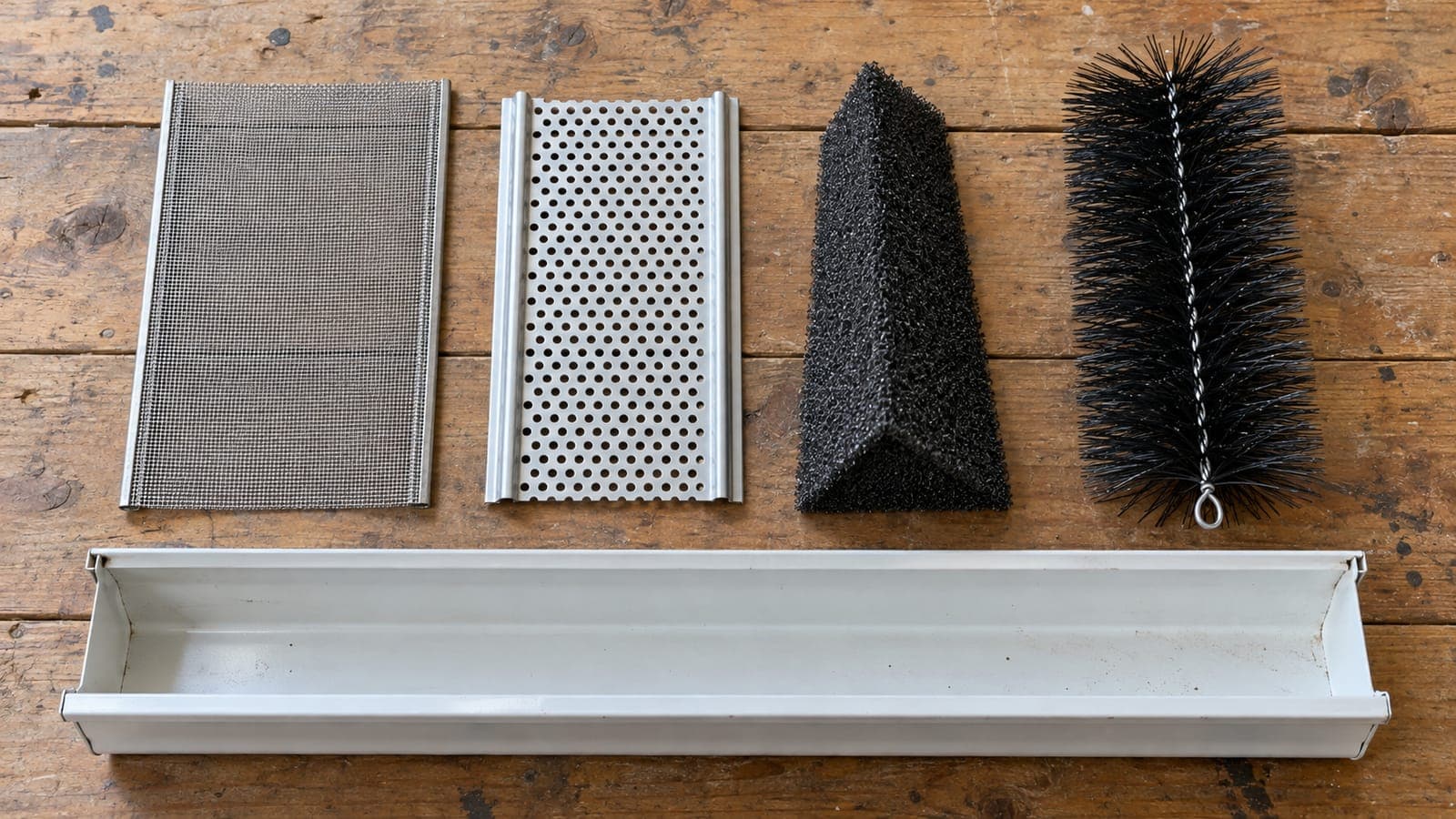 Four gutter guard samples on a workbench: stainless micro-mesh, perforated aluminum, a foam insert and a brush guard