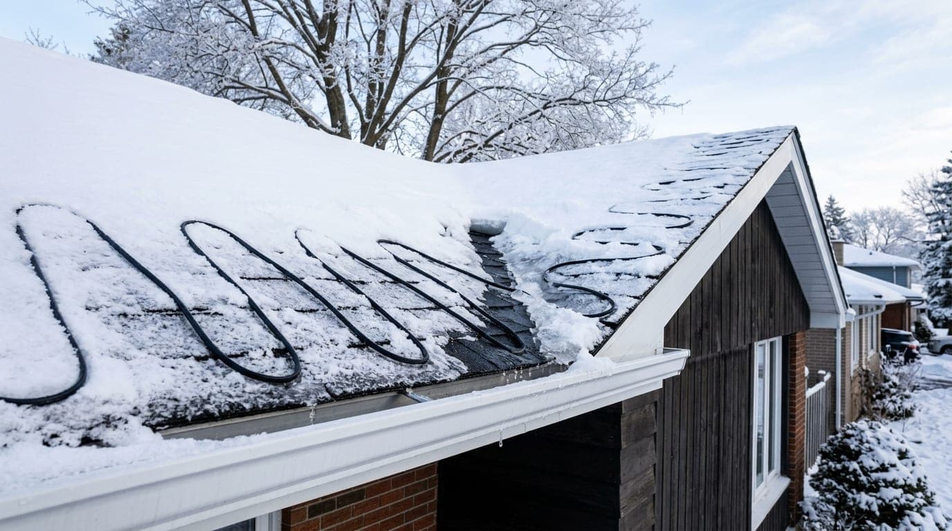 Heat cable in a zigzag at a snowy roof edge with a melted channel along the eavestrough