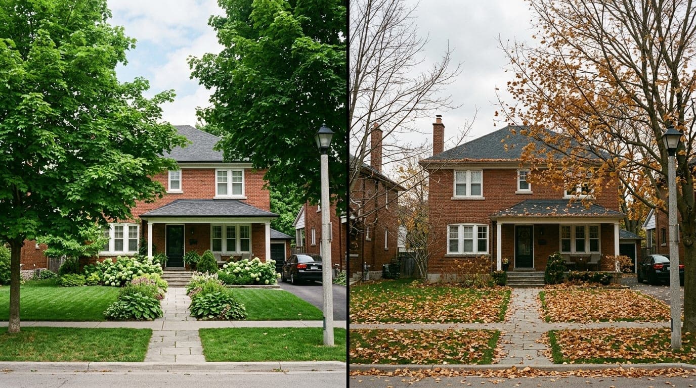 The same two-storey house shown in late spring and late fall, the two cleaning seasons