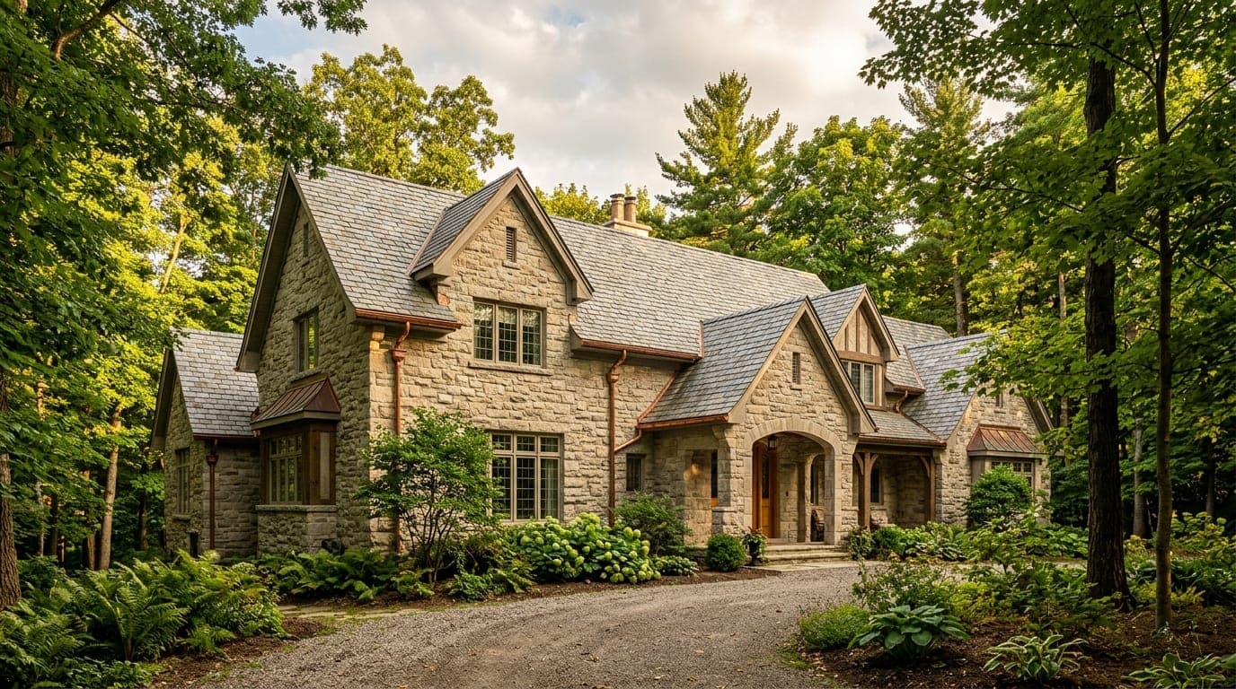 Copper half-round gutters with a brown patina on a stone estate home among oaks and pines