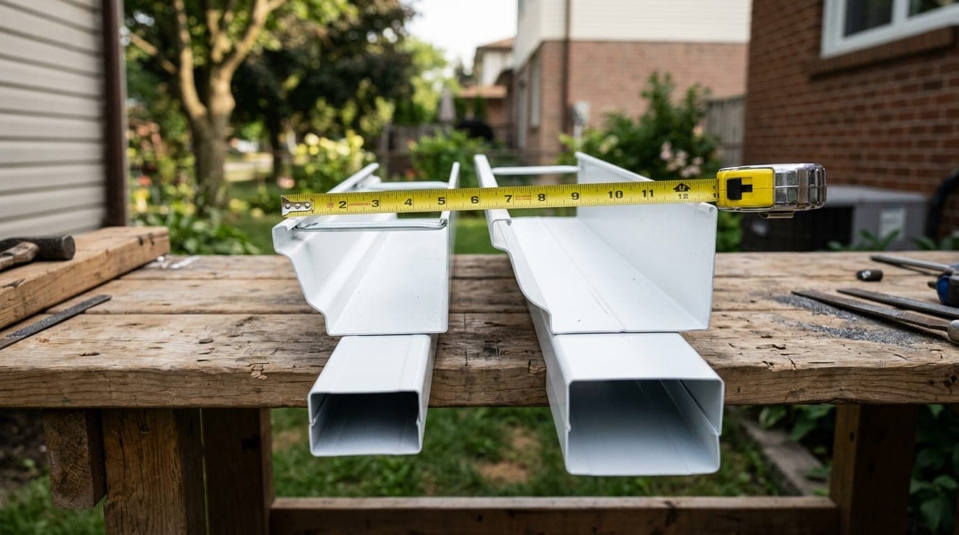 5-inch and 6-inch K-style gutters side by side with 2-by-3 and 3-by-4 downspouts for scale