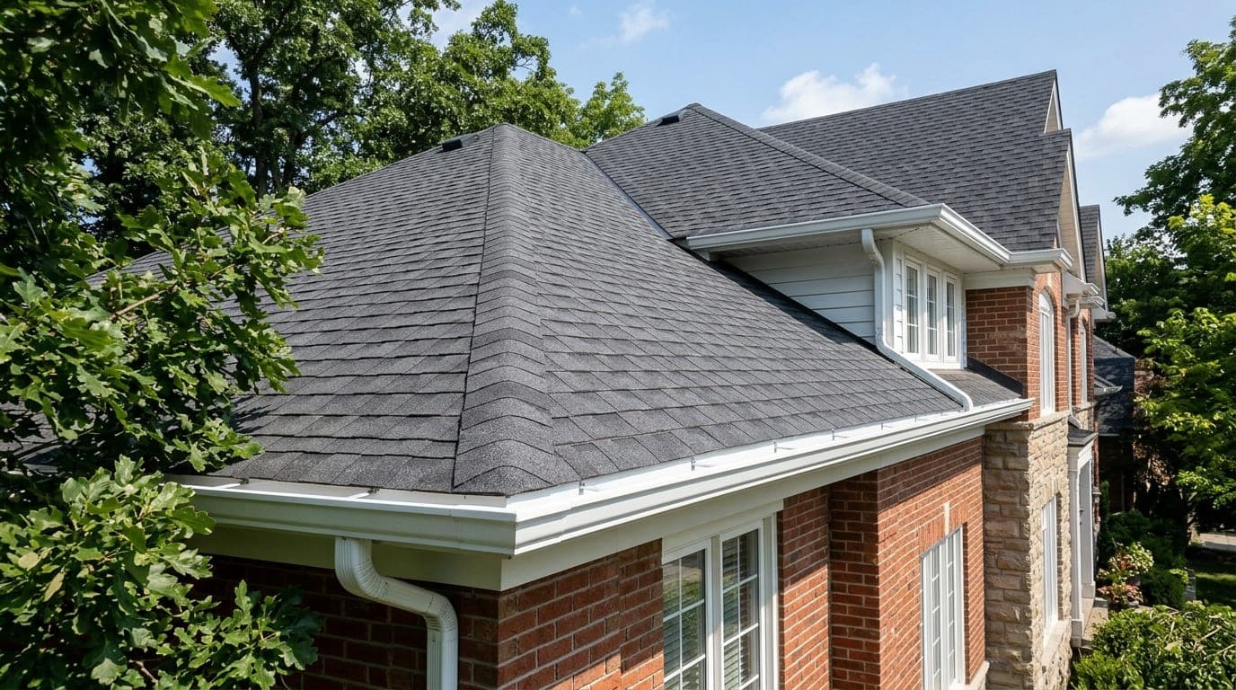 Long run of white eavestrough falling gently toward a corner downspout on a two-storey home