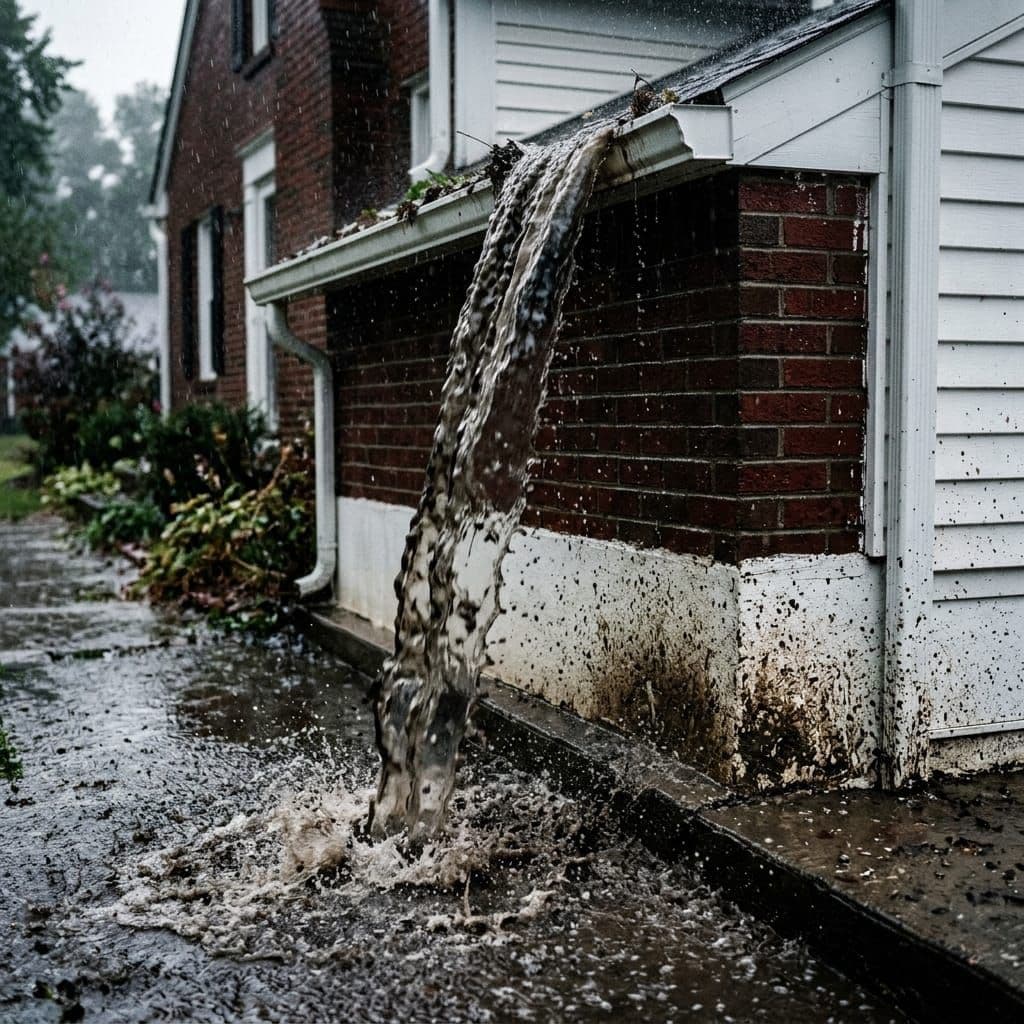 Water overshooting a clogged gutter corner during rain and splashing at the foundation line