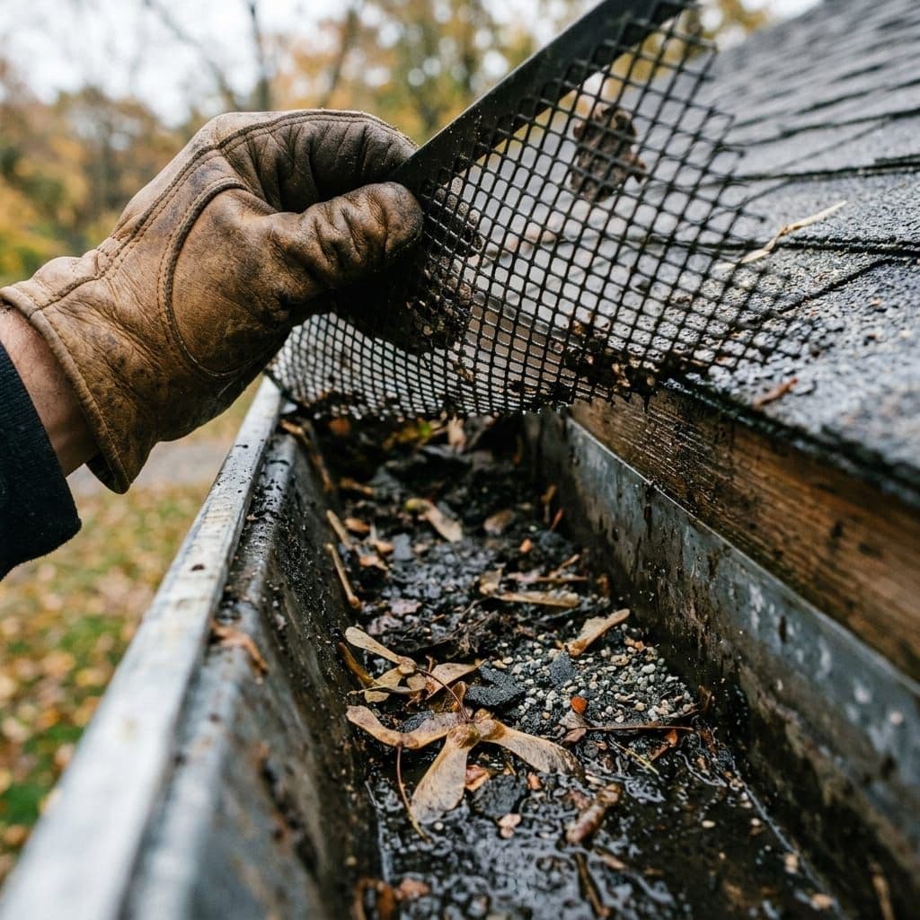 Gloved hand lifting a section of mesh gutter guard to reveal trapped grit and seeds