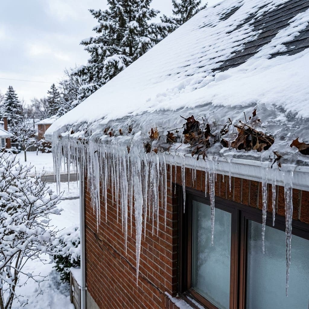 Thick ice ridge and icicles formed along a gutter edge on a snowy roofline