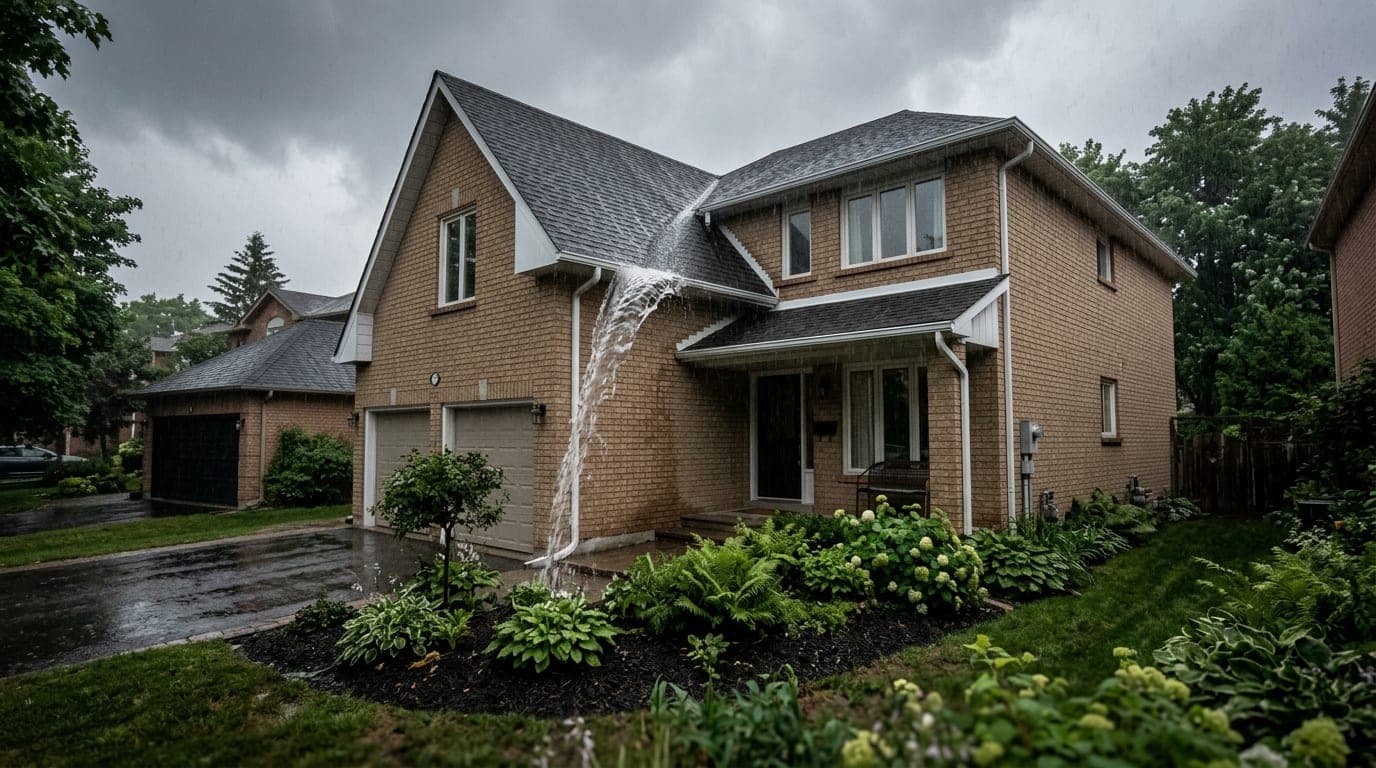 Rainwater spilling over the corner of a clean gutter below a roof valley during a summer storm