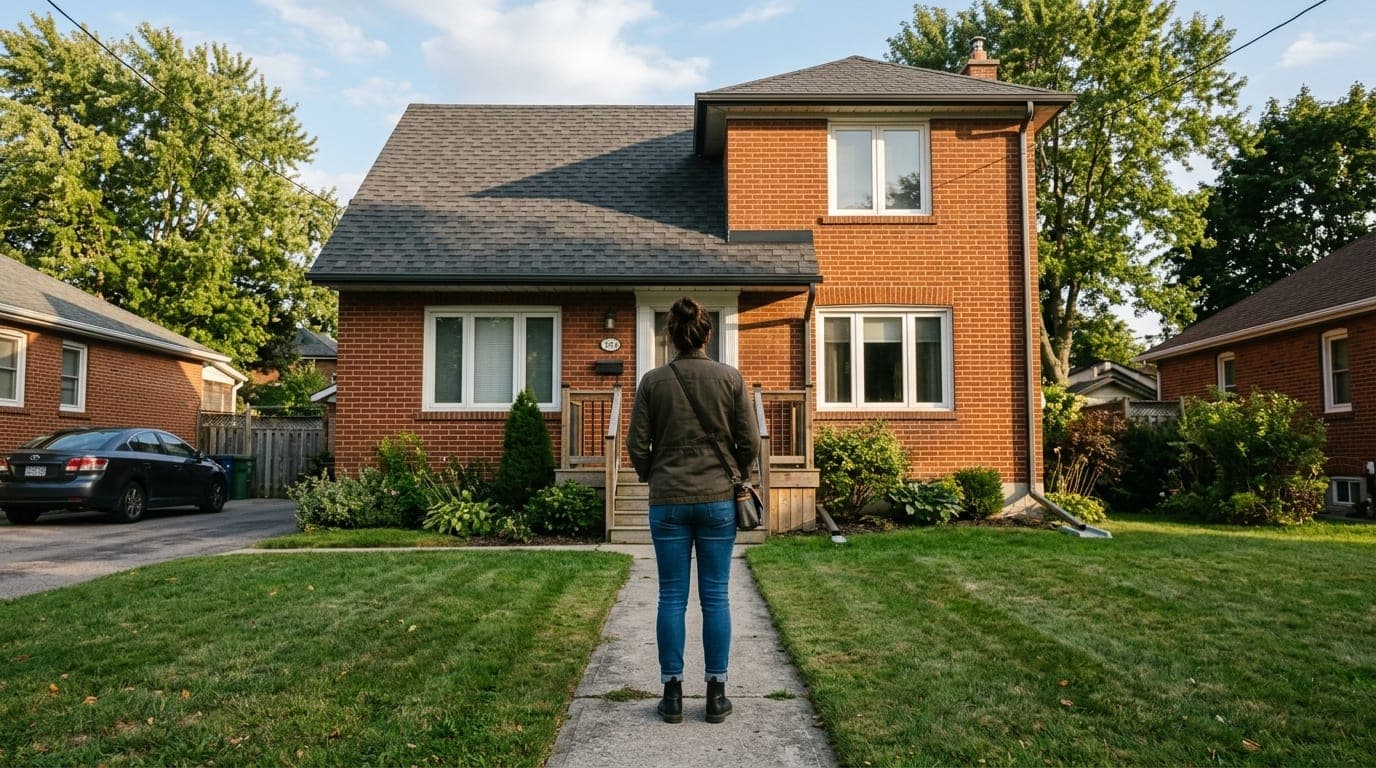 Home buyer seen from behind looking up at the roofline and gutters of a two-storey house