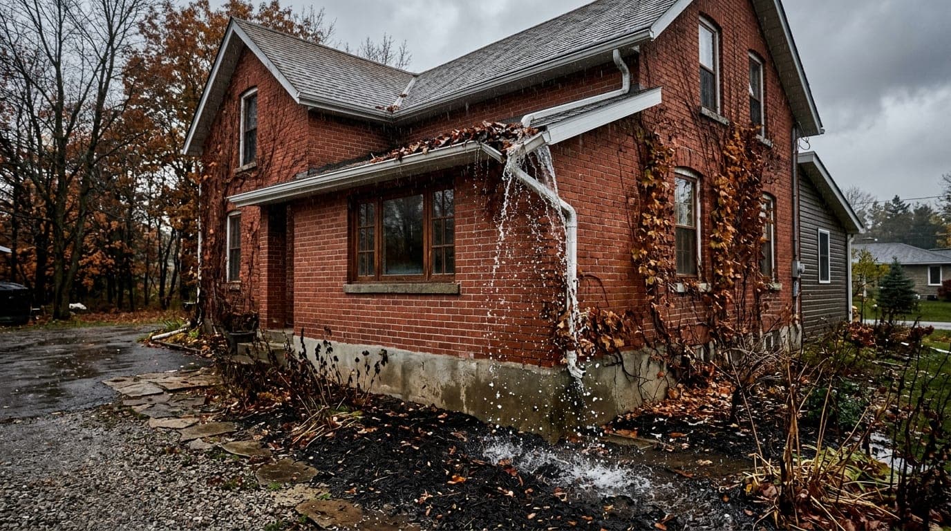 Clogged eavestrough overflowing onto a garden bed against a house foundation in fall rain