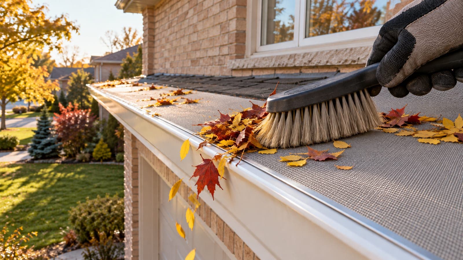 Gloved hand brushing honey locust leaflets and maple leaves off a micro-mesh gutter guard above a garage
