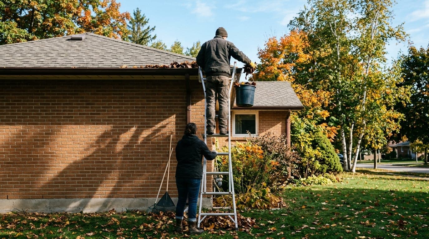 Homeowner on a ladder with a standoff scooping leaves from a bungalow gutter while a helper steadies it