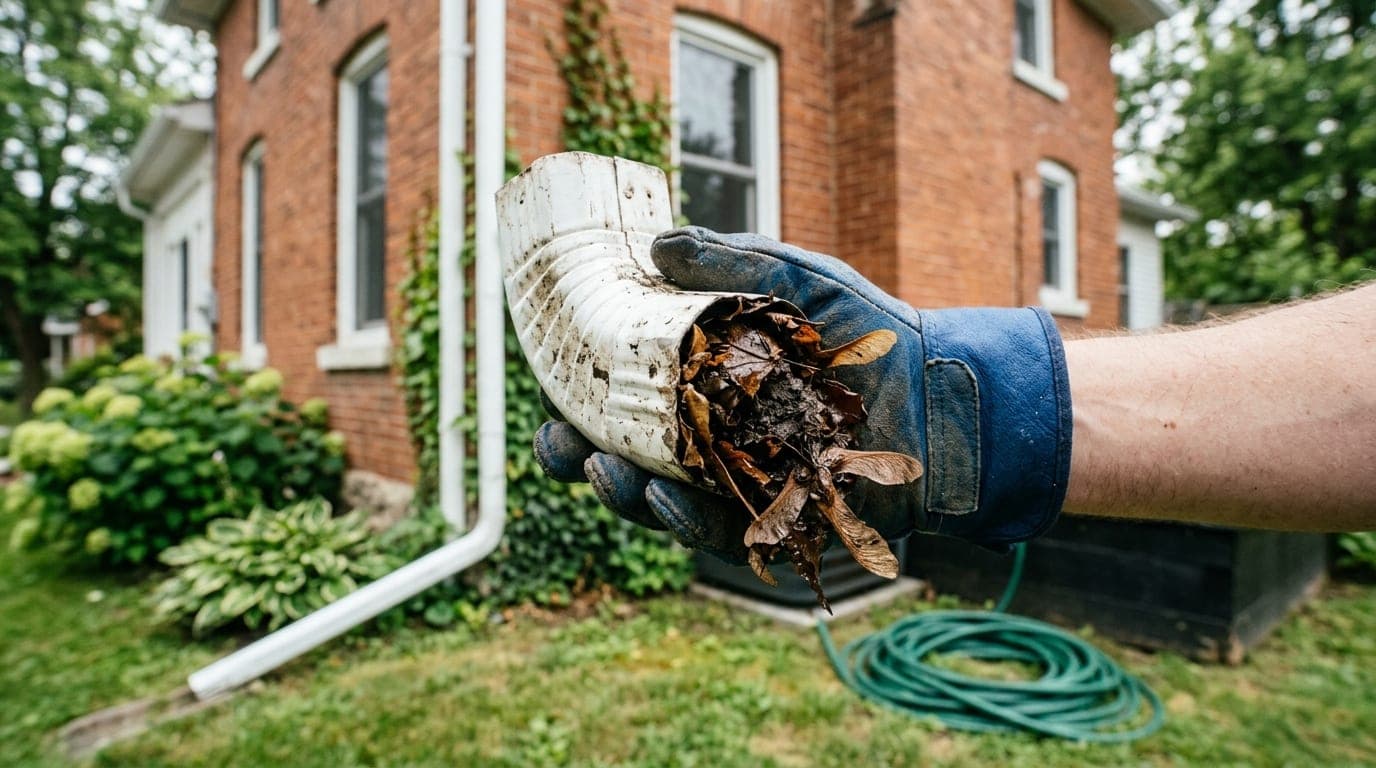 Gloved hand holding a downspout elbow packed with wet leaves and maple keys beside a brick house