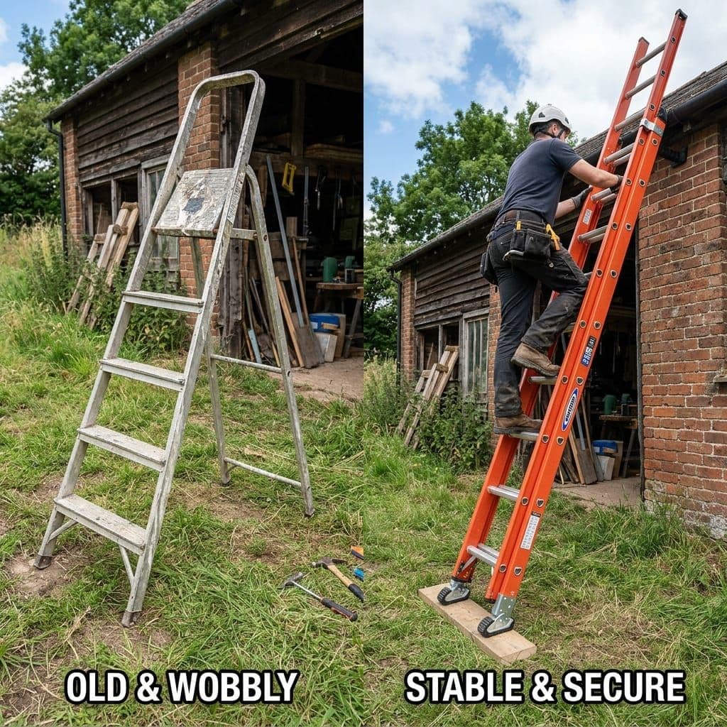 Comparison between a wobbly household stepladder on grass vs a professional extension ladder with standoffs