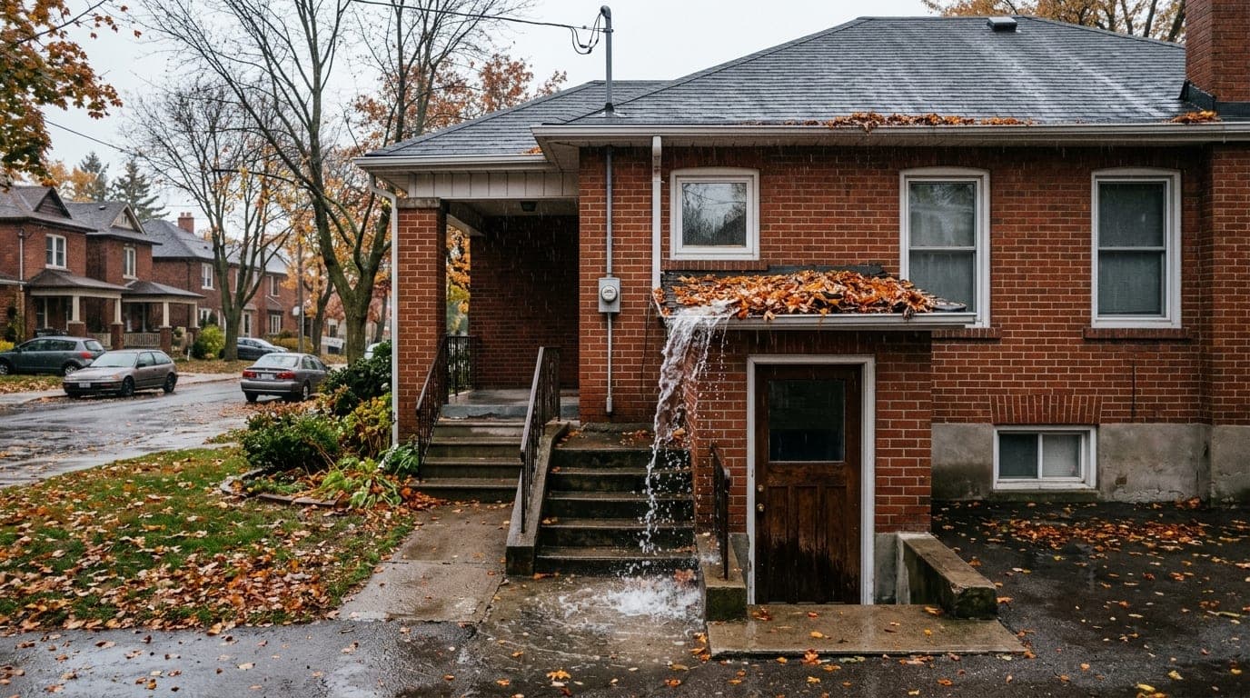 Overflowing eavestrough above the side entrance to a basement apartment in a brick bungalow