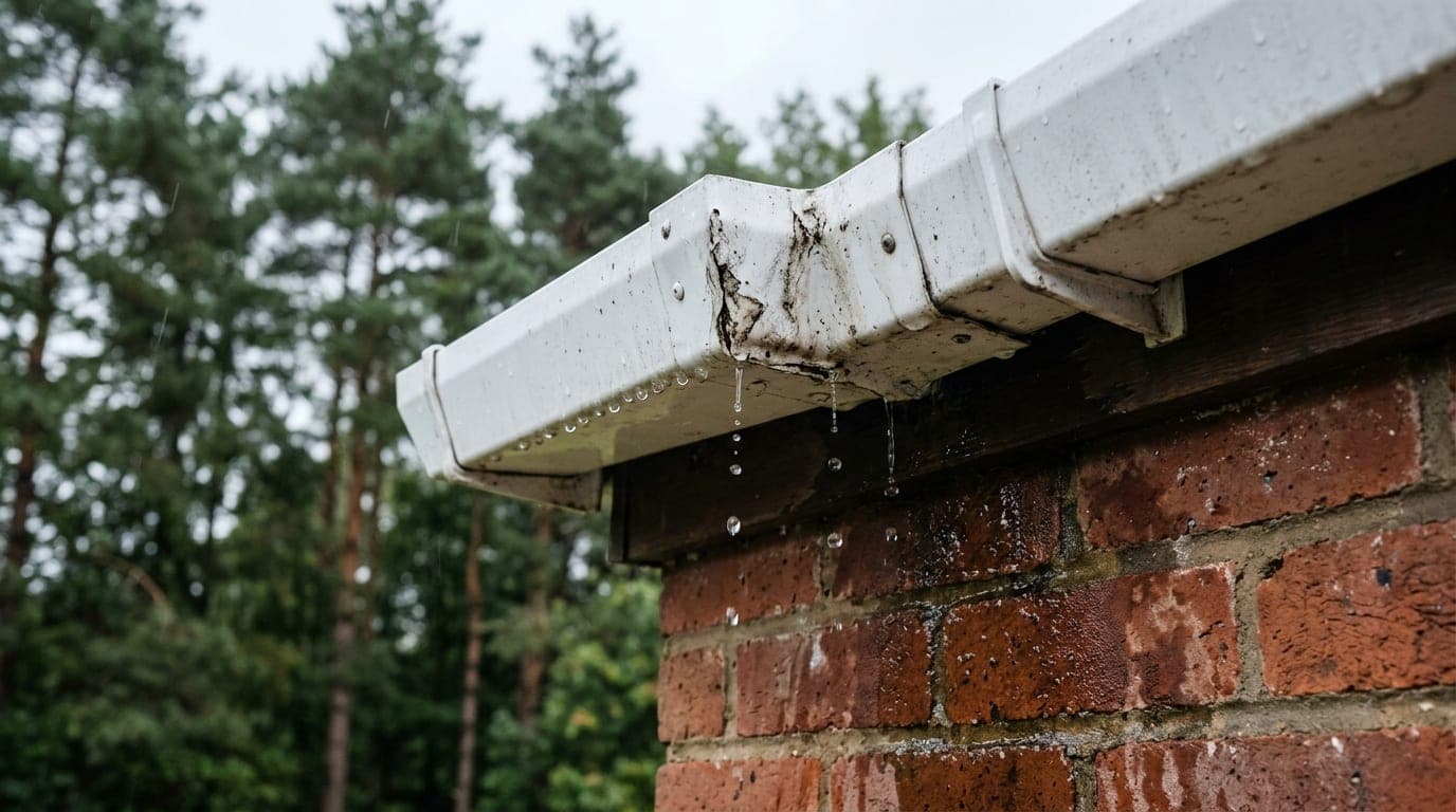 Water dripping from the seam of a mitred eavestrough corner onto stained brick below