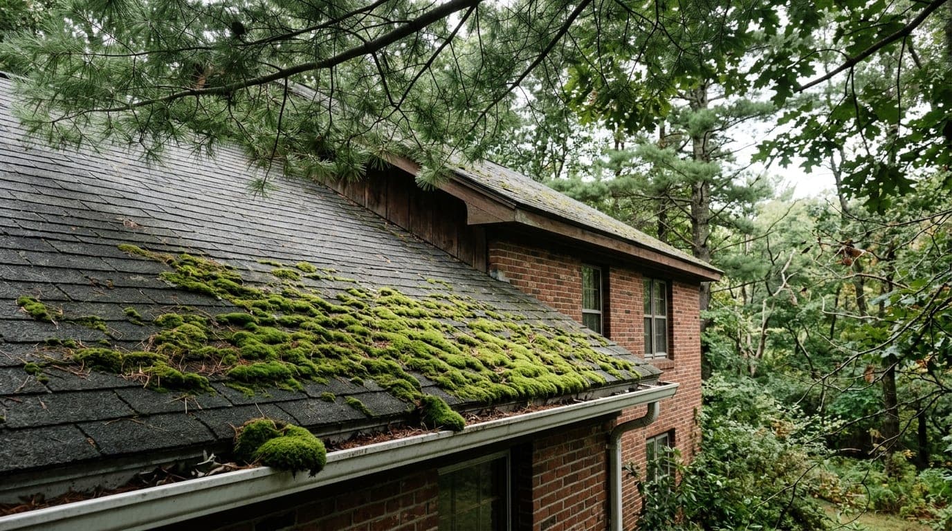 Green moss cushions along the shingle edges of a shaded roof above a gutter under tall trees