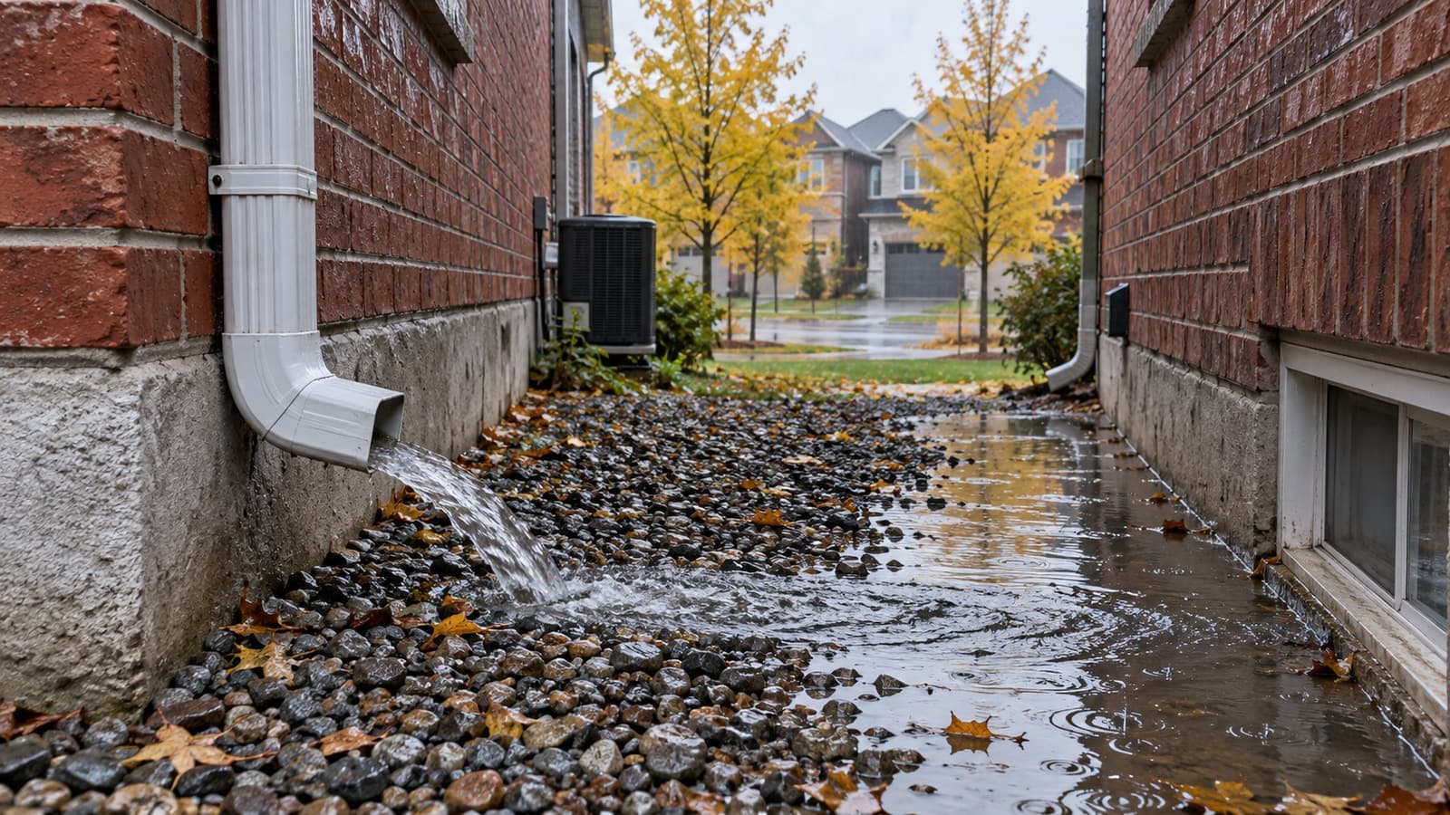 Downspout elbow spilling rainwater across a narrow side yard toward the house next door