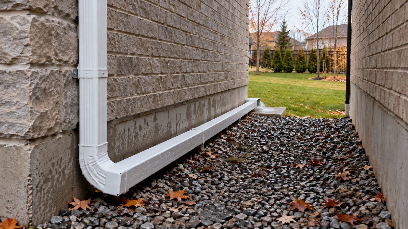 Downspout extension running along the house wall in a narrow side yard to a splash pad