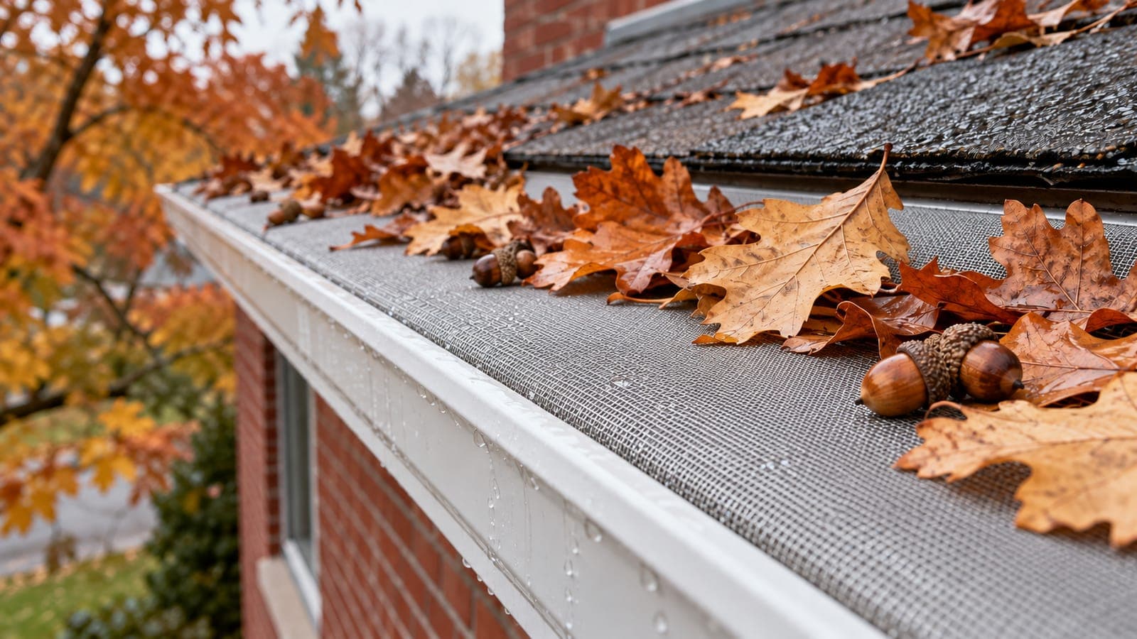 Fine stainless mesh gutter guard with dry oak leaves and acorns resting on top of an eavestrough