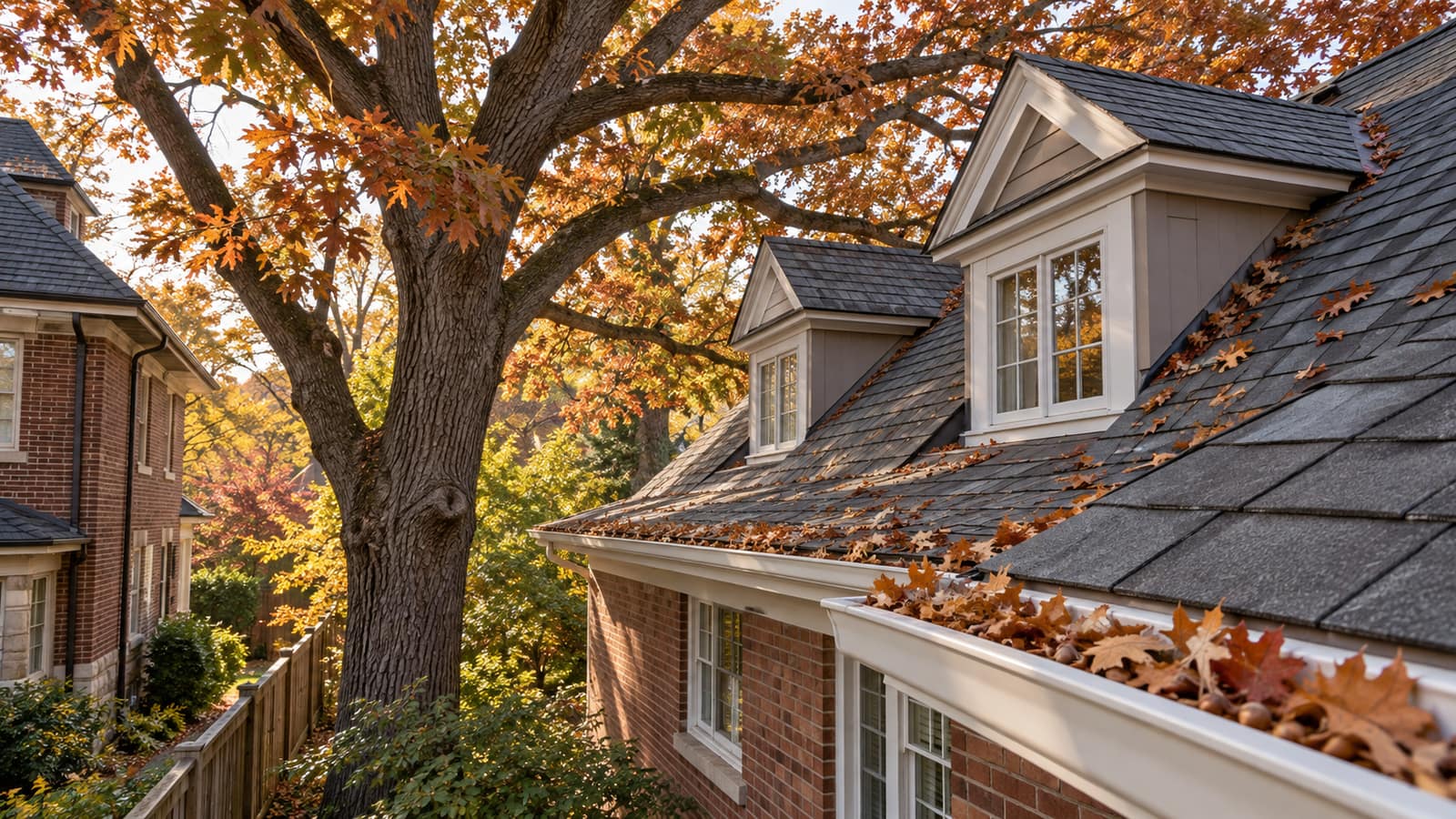 Large oak beside a side-yard fence with its limbs over a neighbouring roof and leaves in the eavestrough