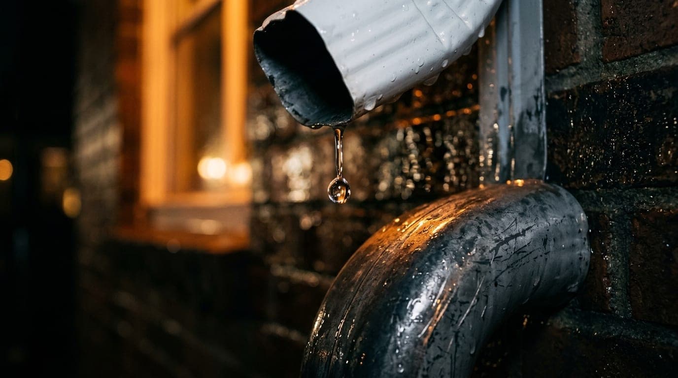 Single water drop falling from a downspout outlet at night after rain