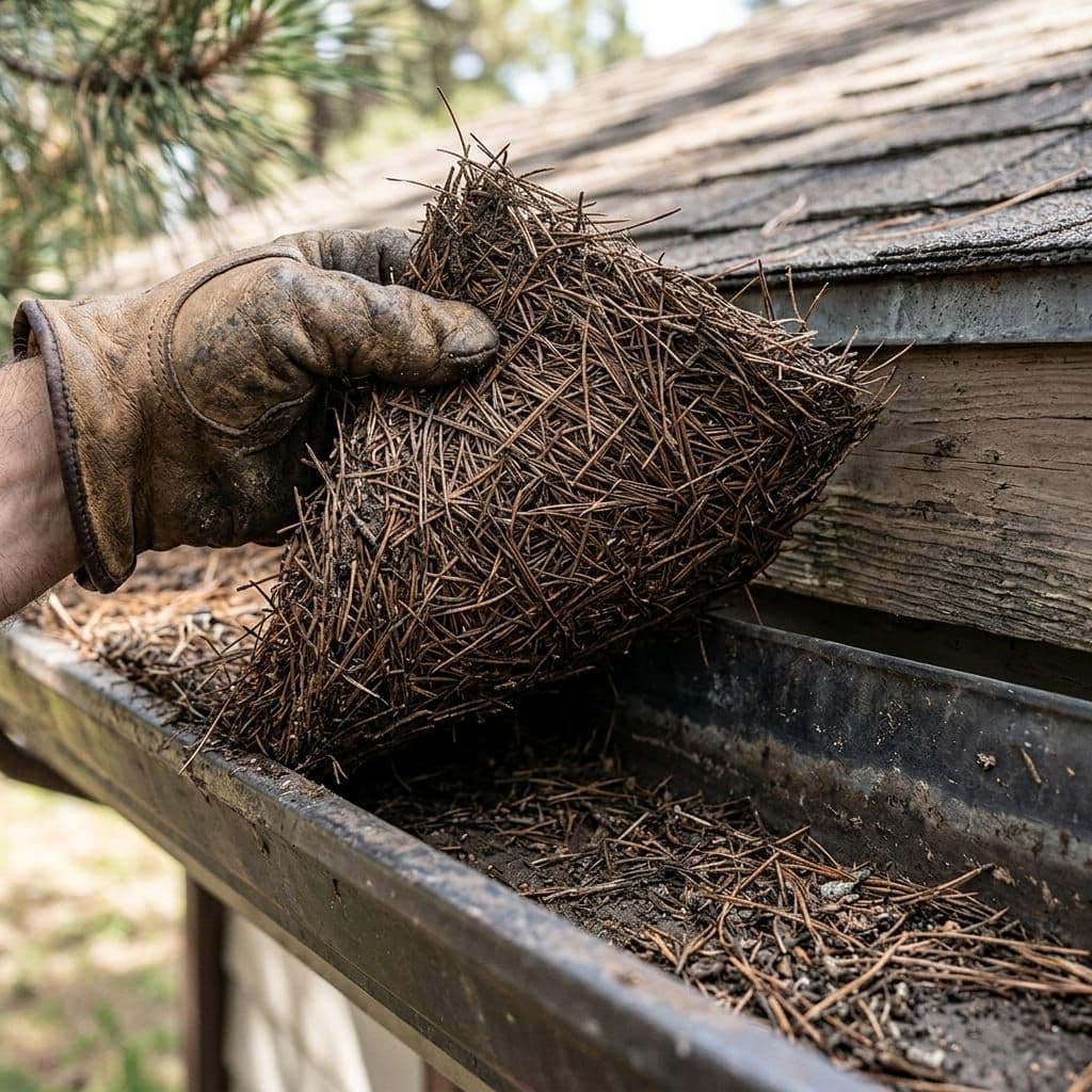 Gloved hand lifting an interlocking mat of pine needles out of an eavestrough in one solid layer