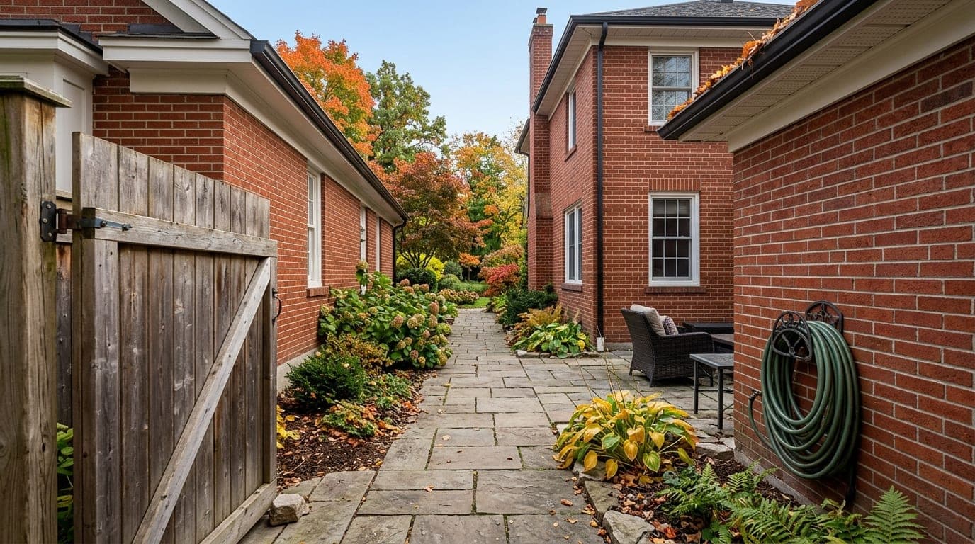 Open side gate and clear path along a two-storey house ready for a gutter cleaning