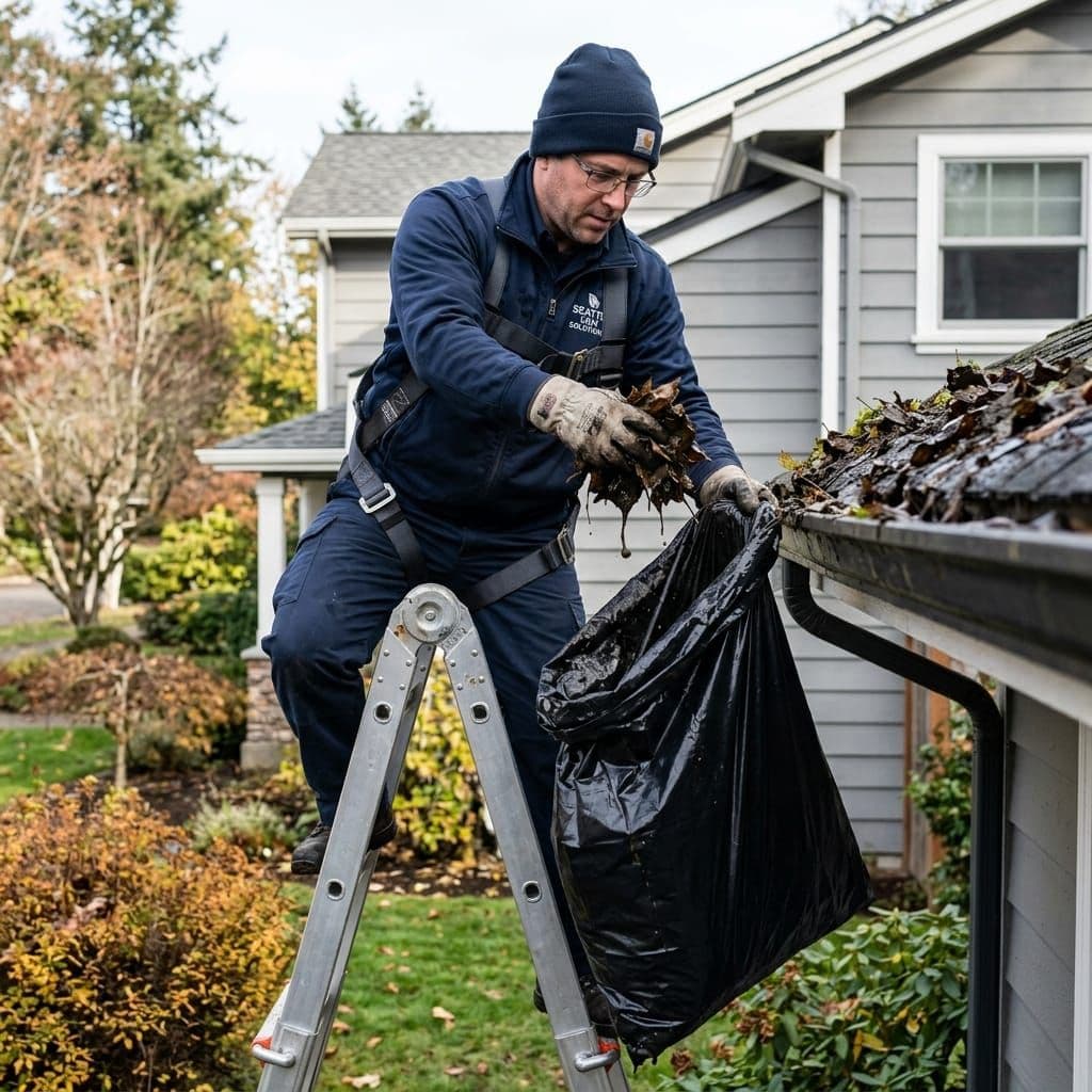 Uniformed technician hand-clearing debris from a gutter on a ladder